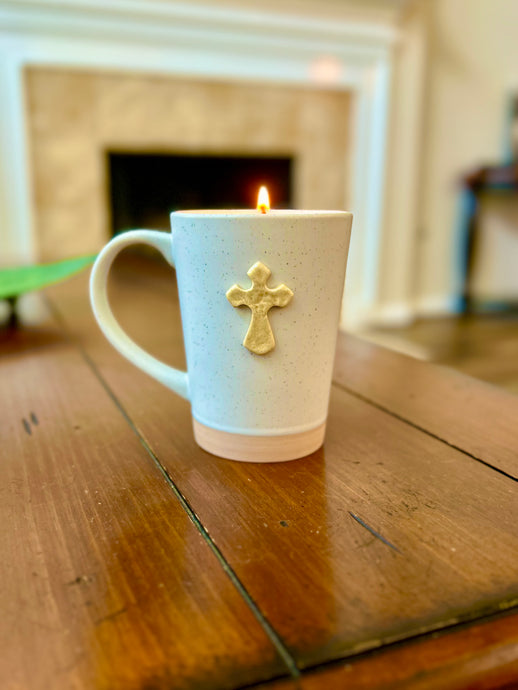 NEW!!  Yellow Cross Mug candle - 13 oz.